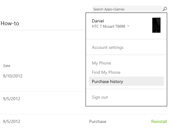 Windows Phone Purchase history