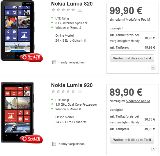 Nokia Lumia 920 und 820 bei Vodafone.de lieferbar
