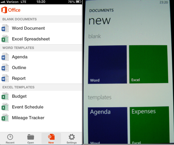 Vergleich Office WP & iOS