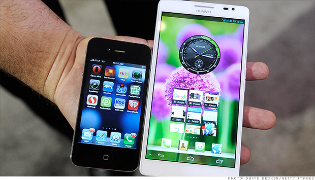 Iphone 4 (3Zoll) und Huawei Ascend Mate (6,1Zoll)